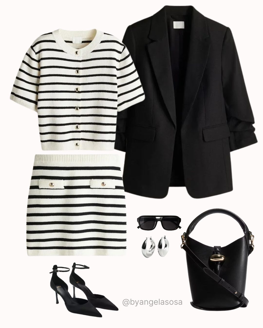Outfit con blazer negro, set a rayas con falda y tacones negros