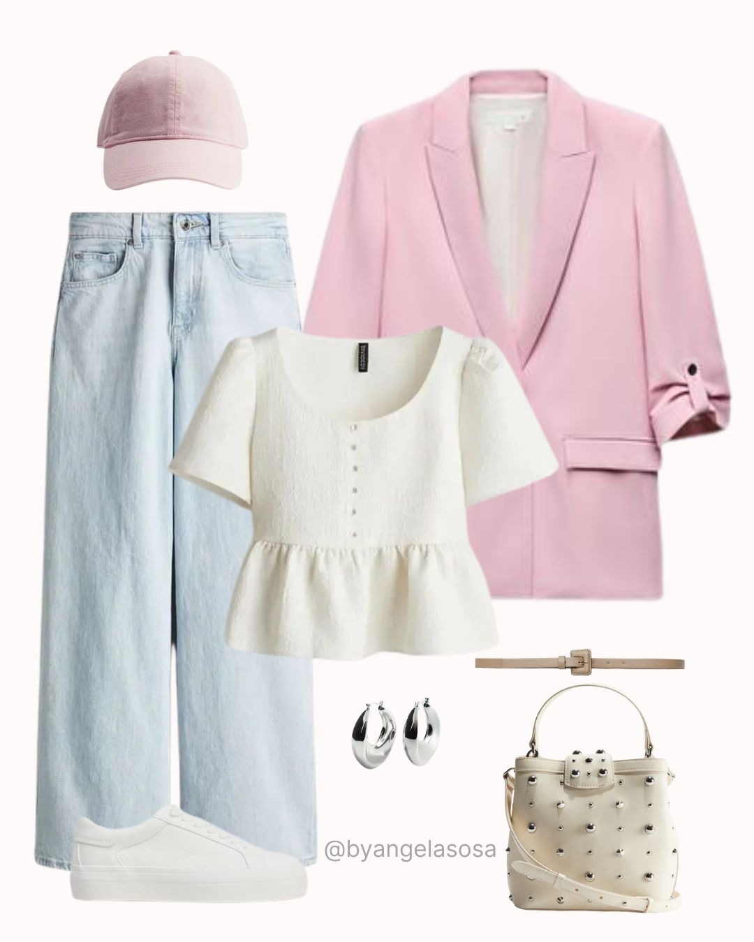 Outfit con blazer rosa, camisa blanca, jean claro, y tenis blancos