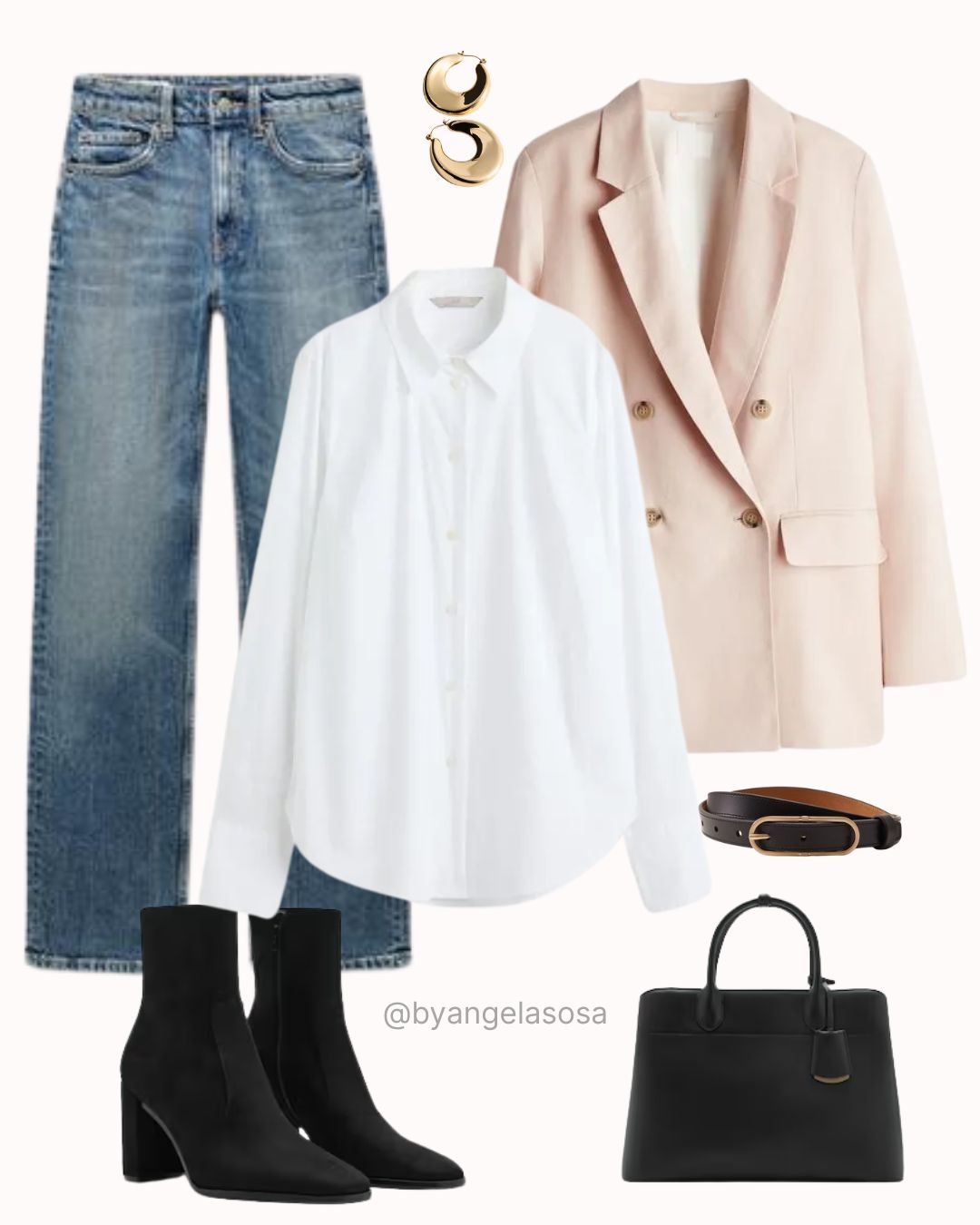 Outfit con blazer rosa, camisa blanca, jeans y botines negros