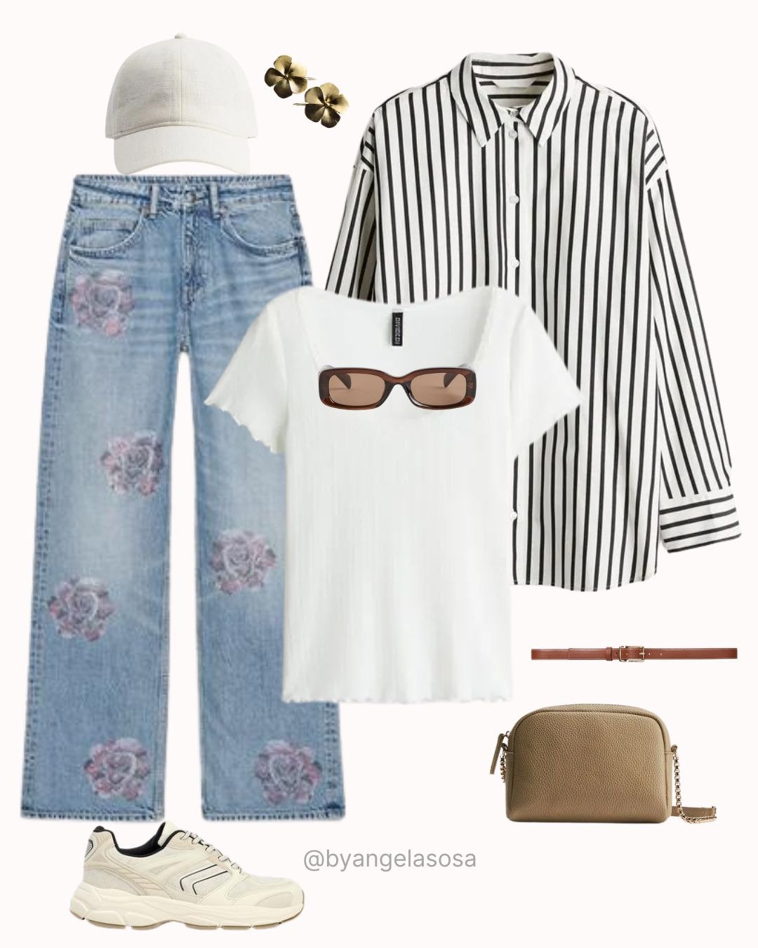 Outfit con camisa de rayas, camiseta blanca, jeans y tenis