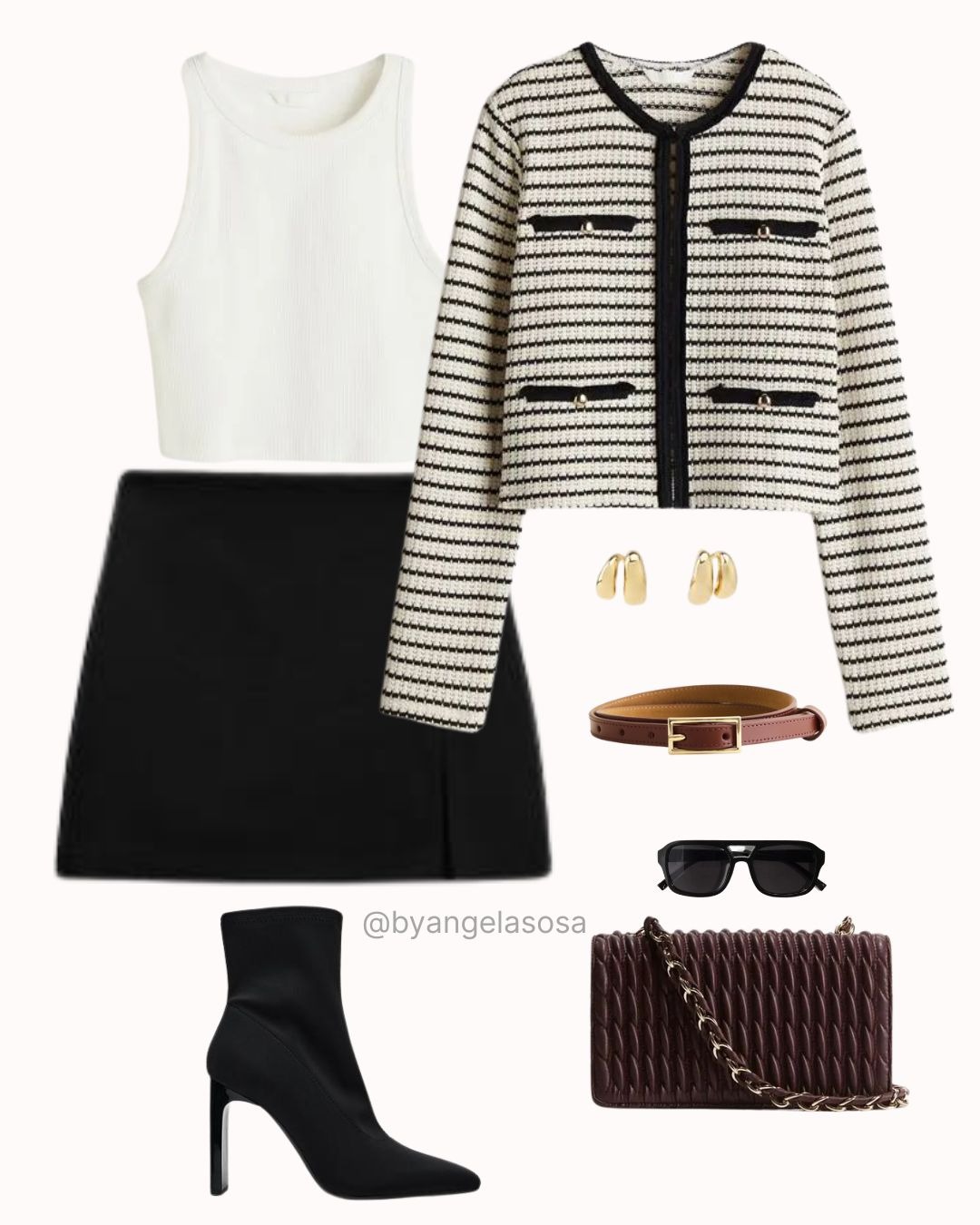 Outfit con chaqueta a rayas, crop top blanco, falda negra y botines negros