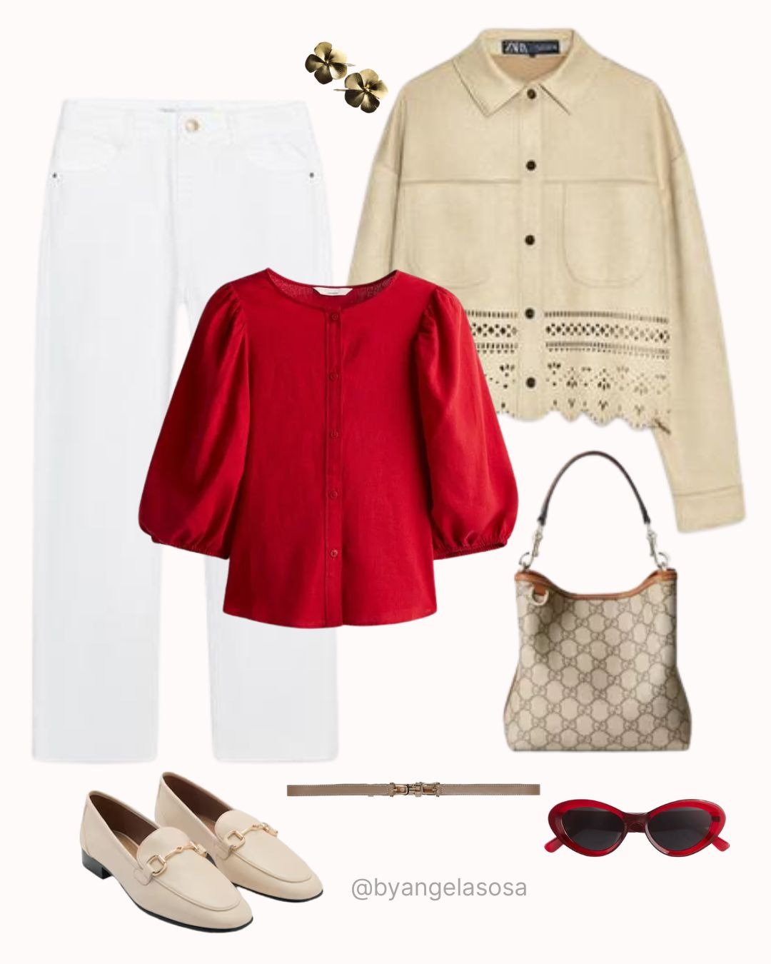 Outfit con chaqueta beige, pantalón blanco, blusa roja y mocasines beige