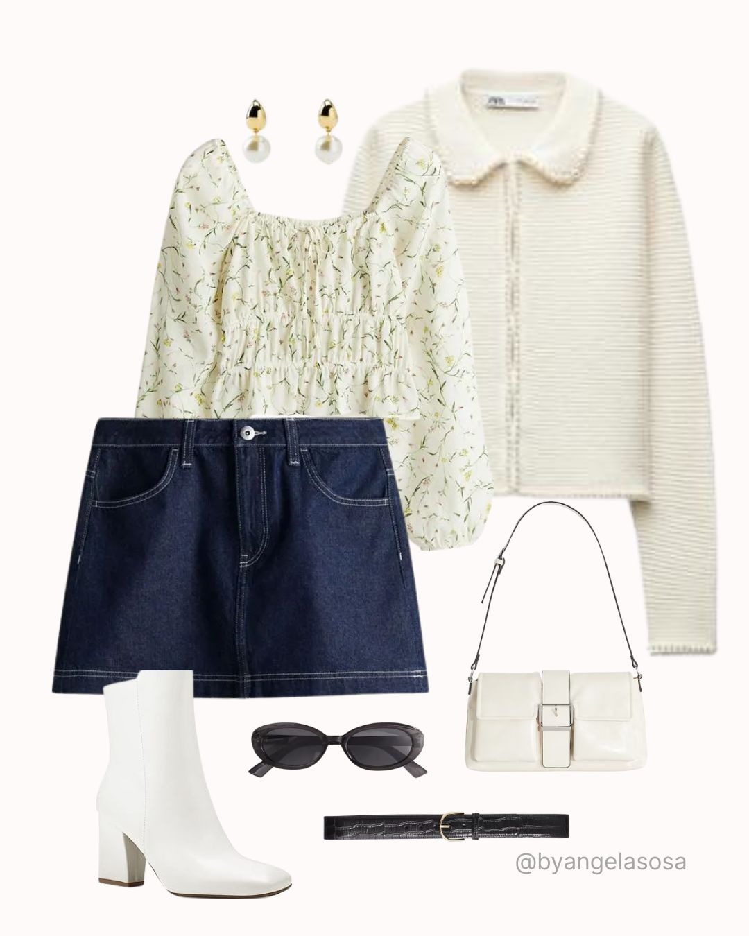 Outfit con chaqueta blanca, blusa estampada, falda de jean y botines blancos