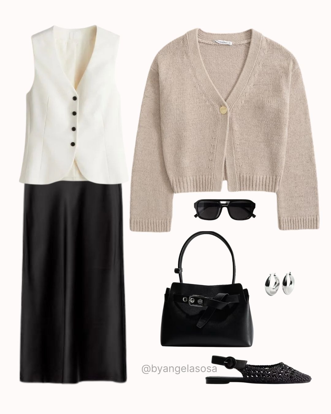 Outfit con falda larga negra chaleco blanco, y flats negras