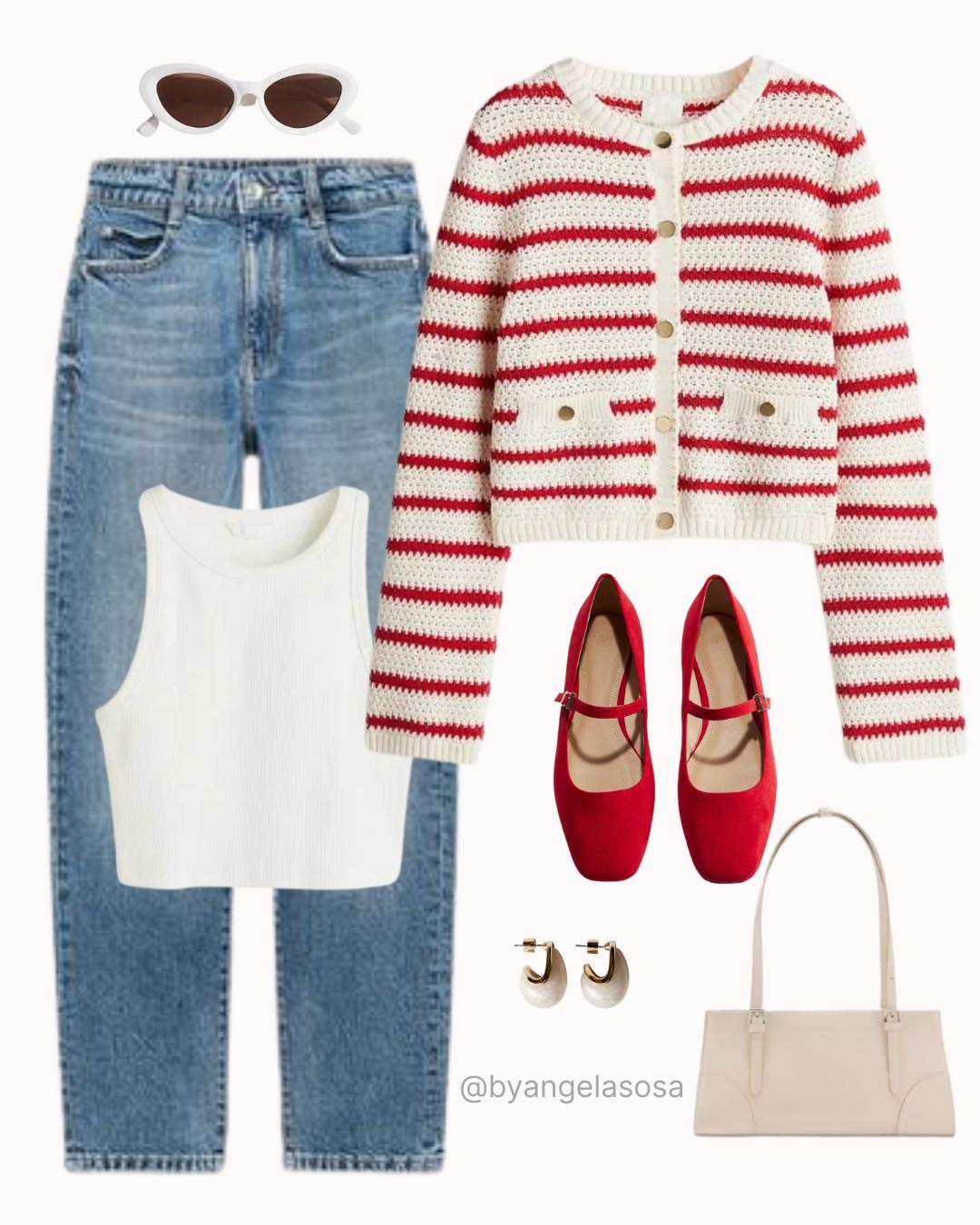 Outfit con saco a rayas, jeans, crop top blanco y zapatos rojos