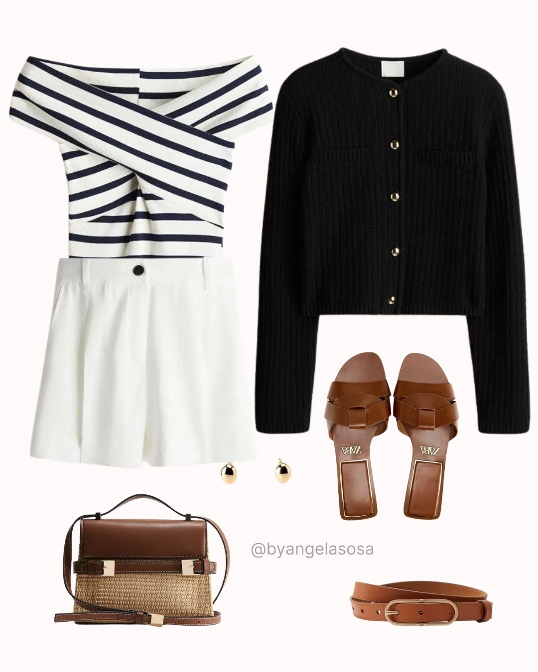 Outfit con saco negro, short blanco blusa a rayas y sandalias cafés